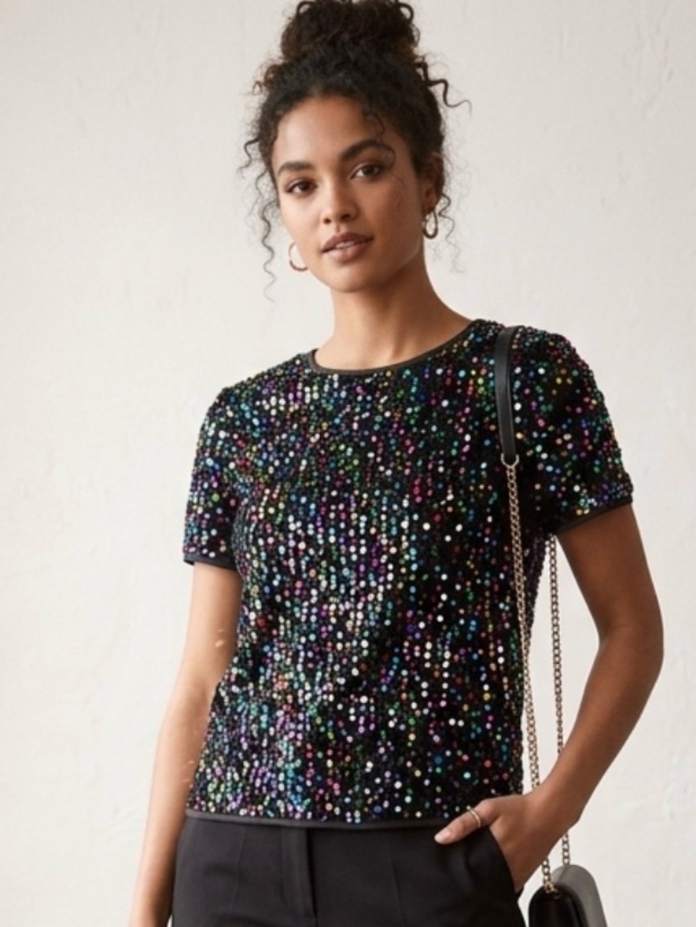 Black Multicolor Sequin Short-Sleeve Top – Women's Evening Blouse Size M